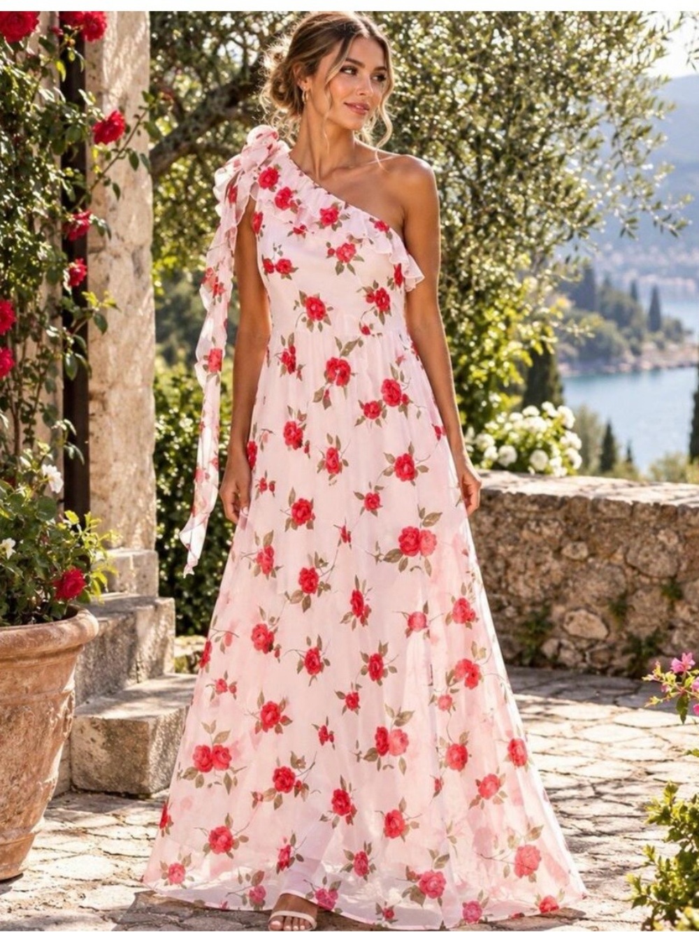 Wild Fable NWT XL One-Shoulder Pink Floral Maxi Dress with Red Rose Print